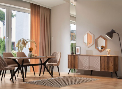 Brown Modern Dining room Set Sideboard Wood Dining table 2x Mirror 8pcs